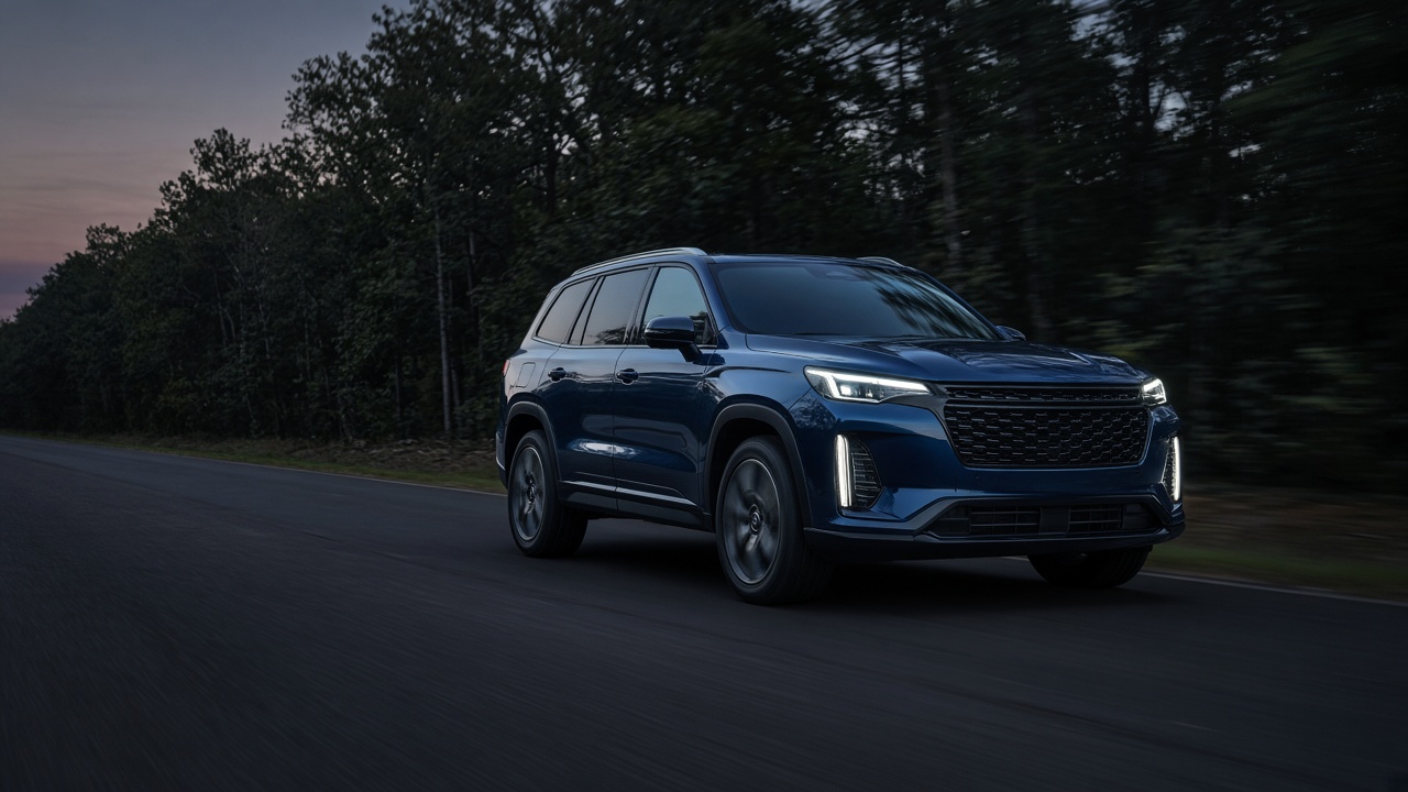 A full-size SUV moving along a tree-lined road