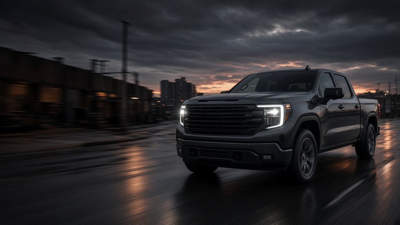 A pickup truck driving through a city street at dusk